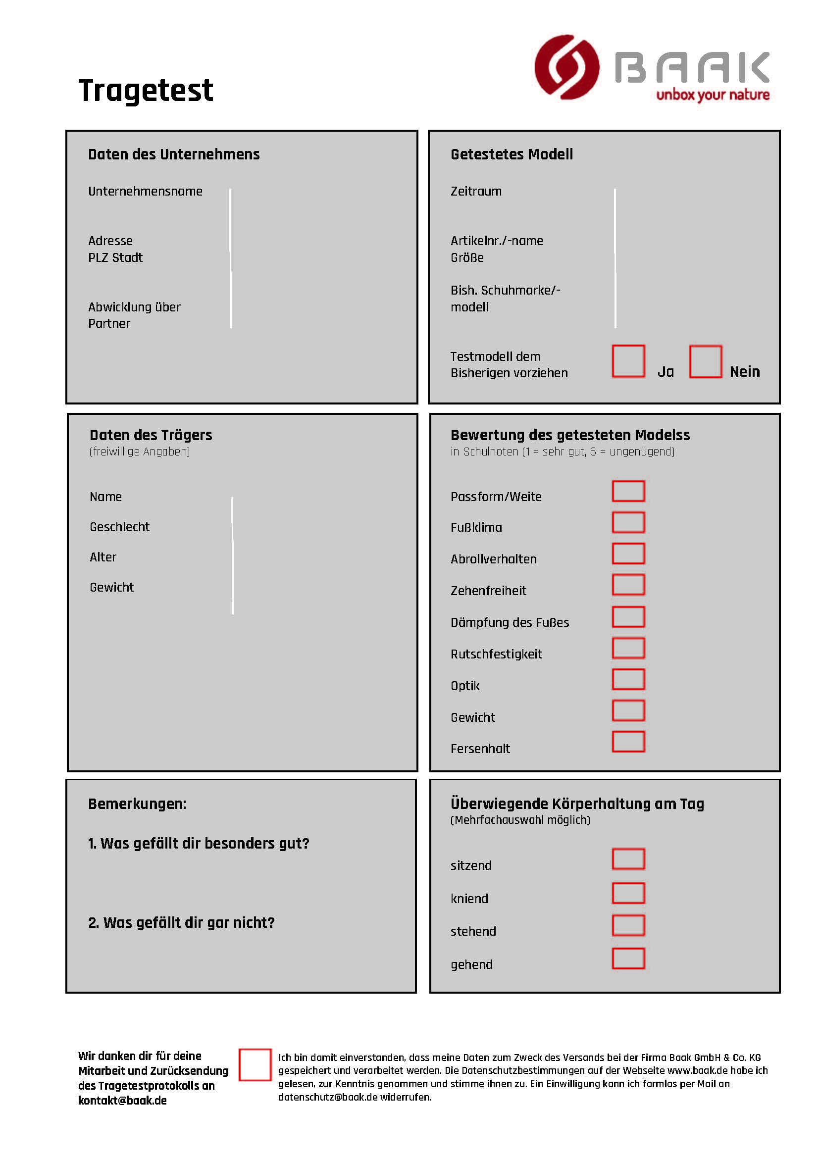 Tragetestformular zum Download