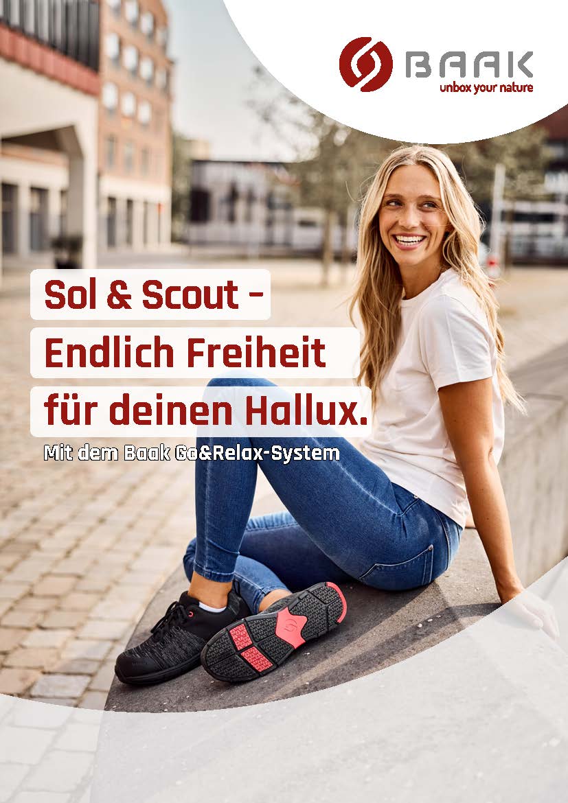 Cover of a flyer showing a woman wearing safety shoes sitting on a wall in the city