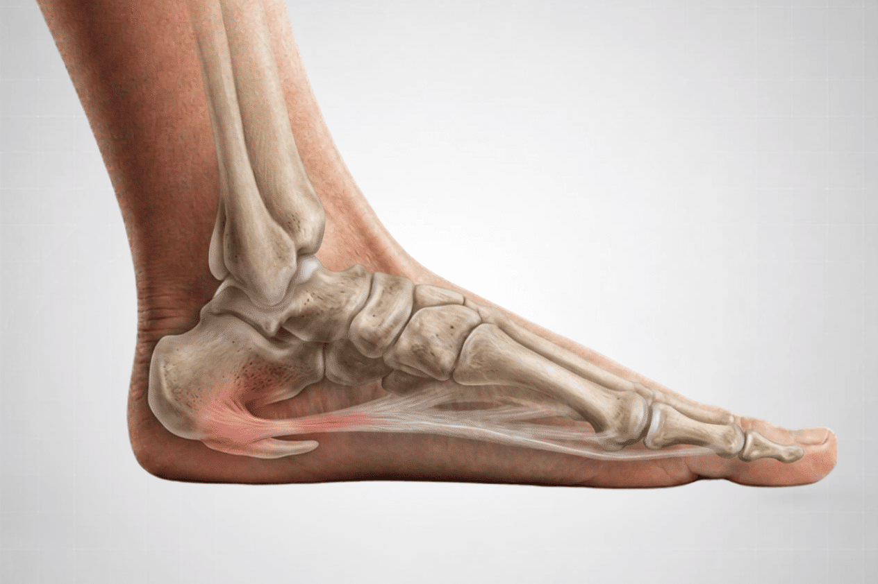 Illustration of a foot model showing a bony protrusion on the heel and a red tender spot on the fascia