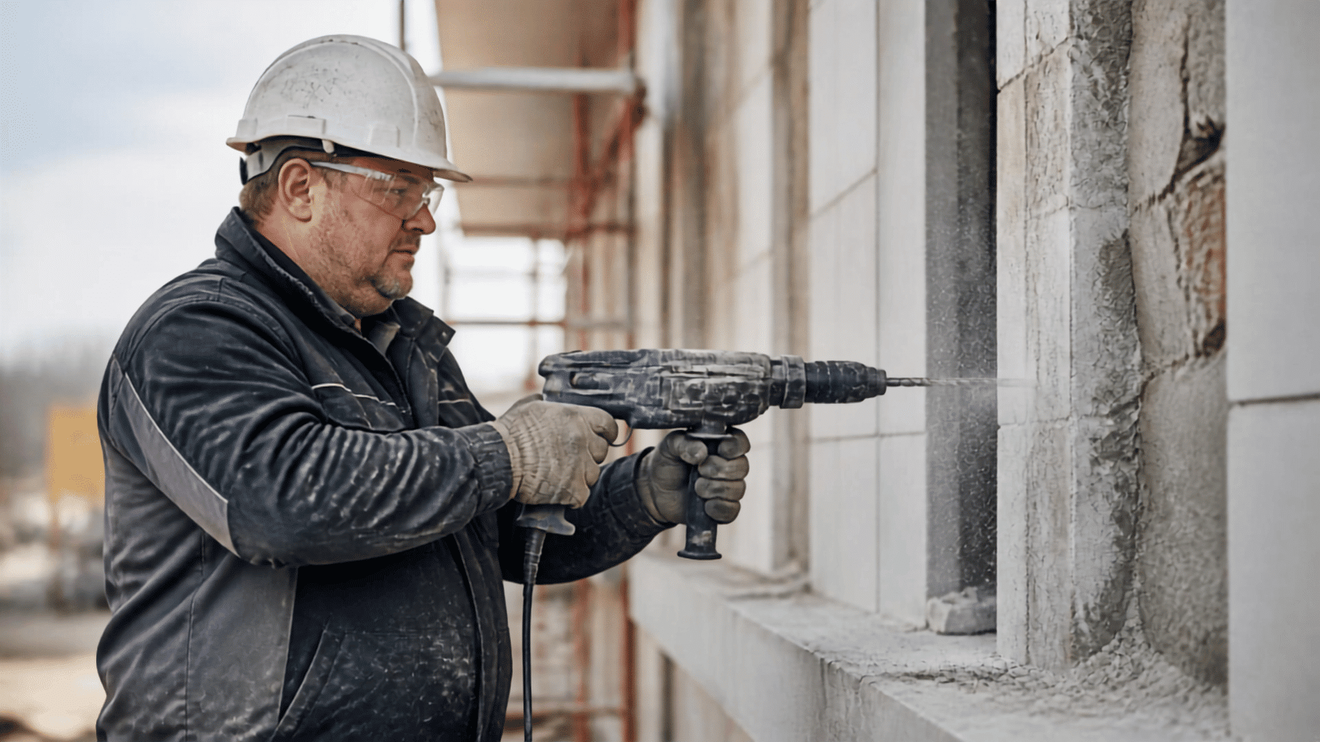 &Uuml;bergewichtiger Handwerker mit Schutzhelm auf dem Kopfbohrt Loch in eine Hausfassade