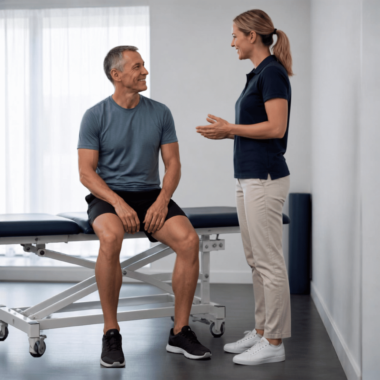 Physiotherapeutin und Patentient unterhalten sich im Behandlungsraum