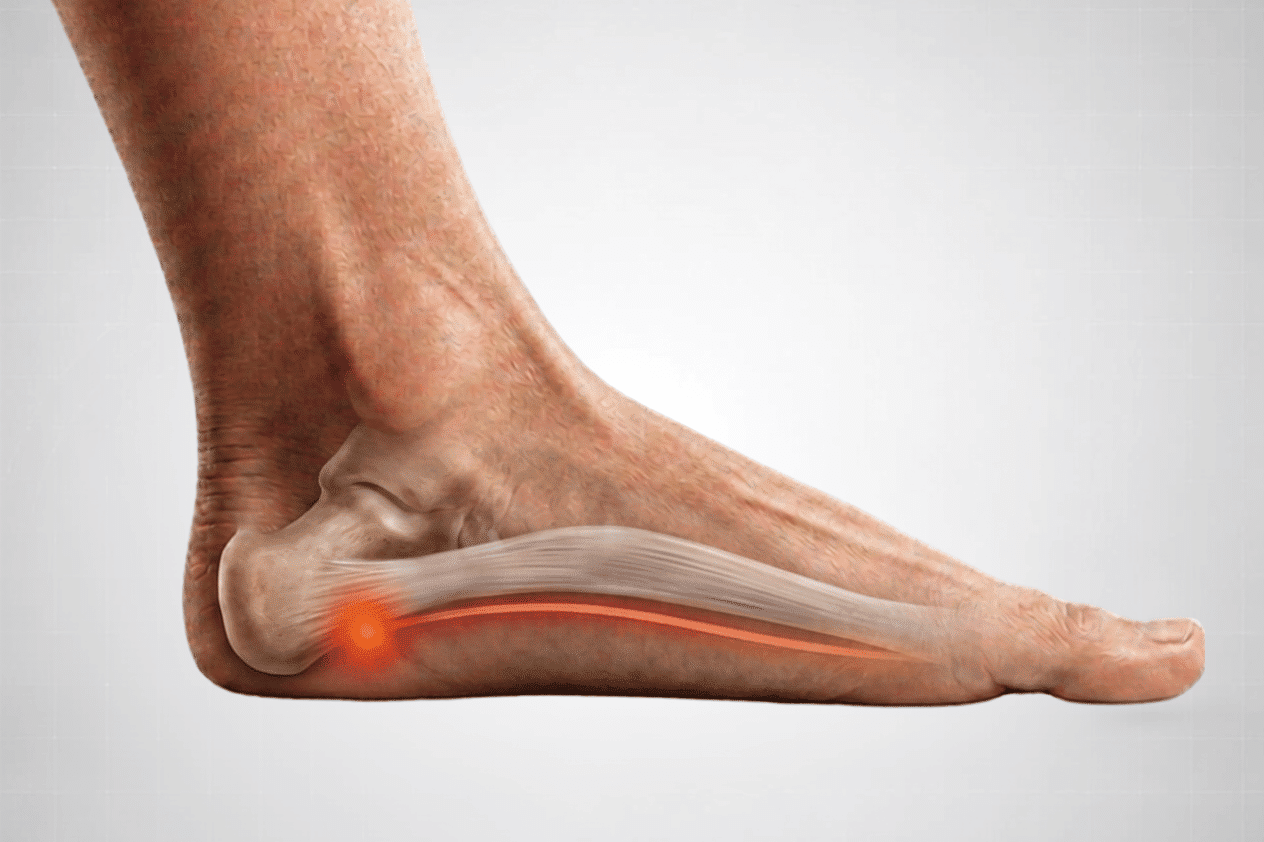 Seitliche Ansicht eines Fu&szlig; mit plastisch dargestellter Plantarfasziitis