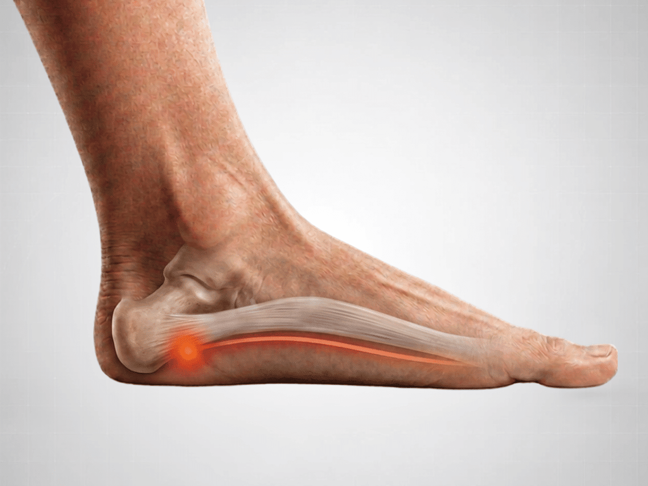 Seitliche Ansicht eines Fu&szlig; mit plastisch dargestellter Plantarfasziitis