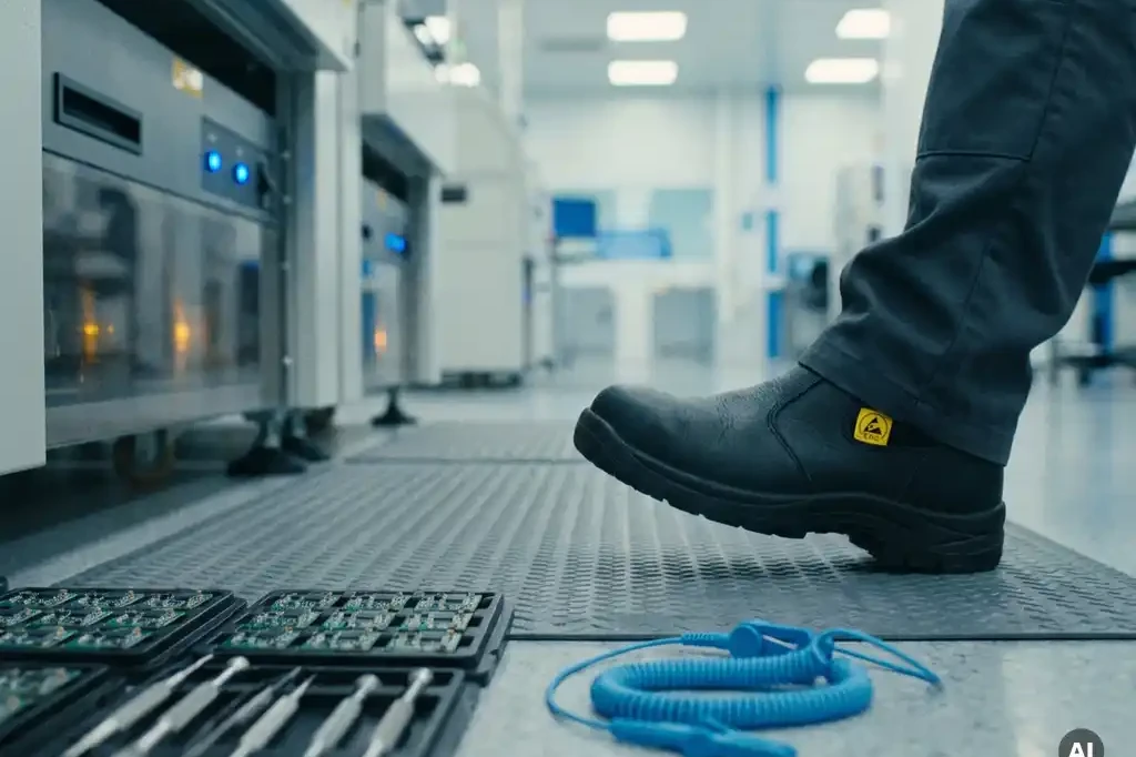 Techniker steht auf antistatischer Bodenmatte neben Elektronikbauteilen und geerdetem ESD-Handgelenkband in industrieller Umgebung.